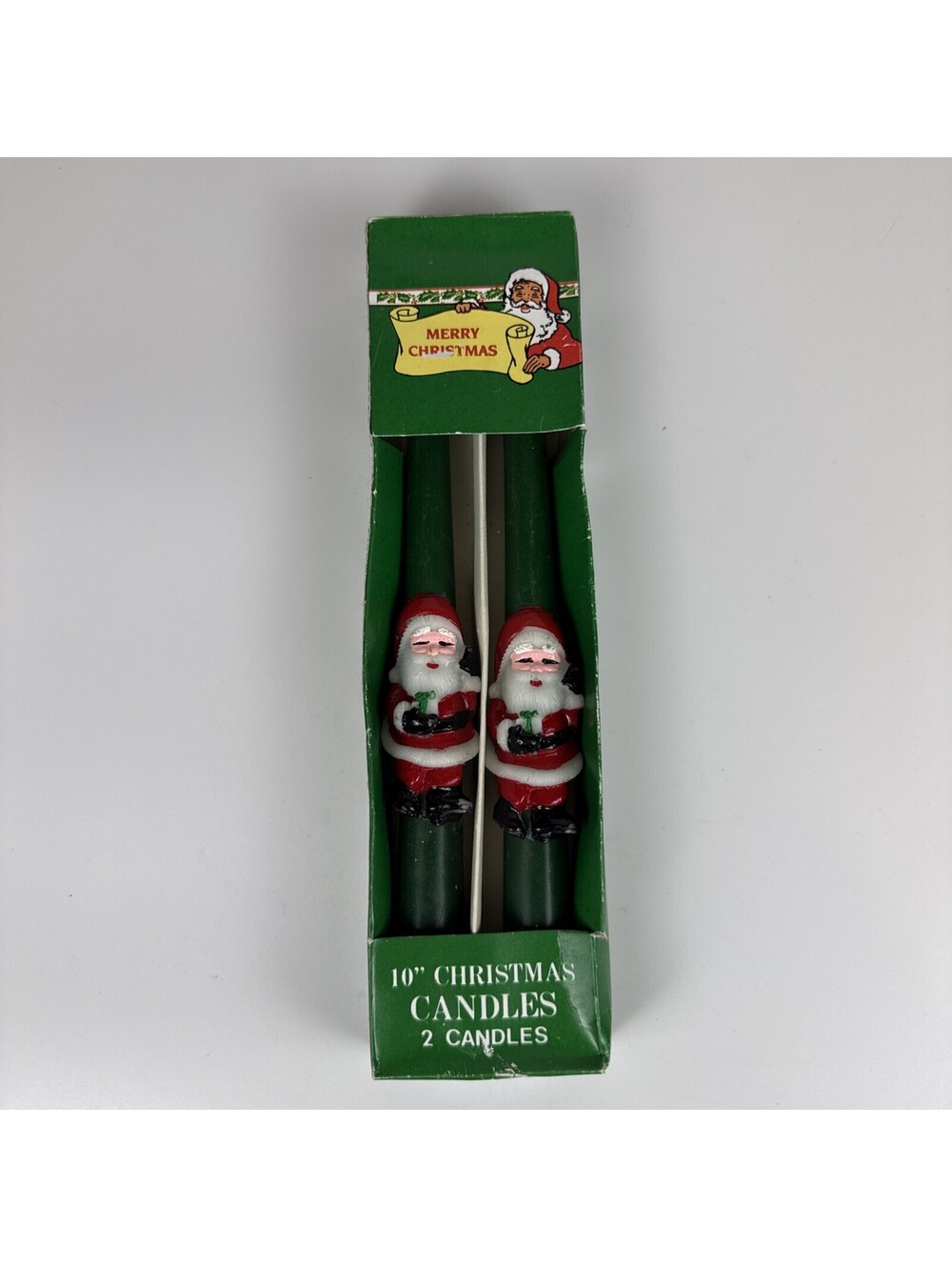 Vintage Christmas Santa Claus Candles 10" Green Dinner Taper Pair Original Box